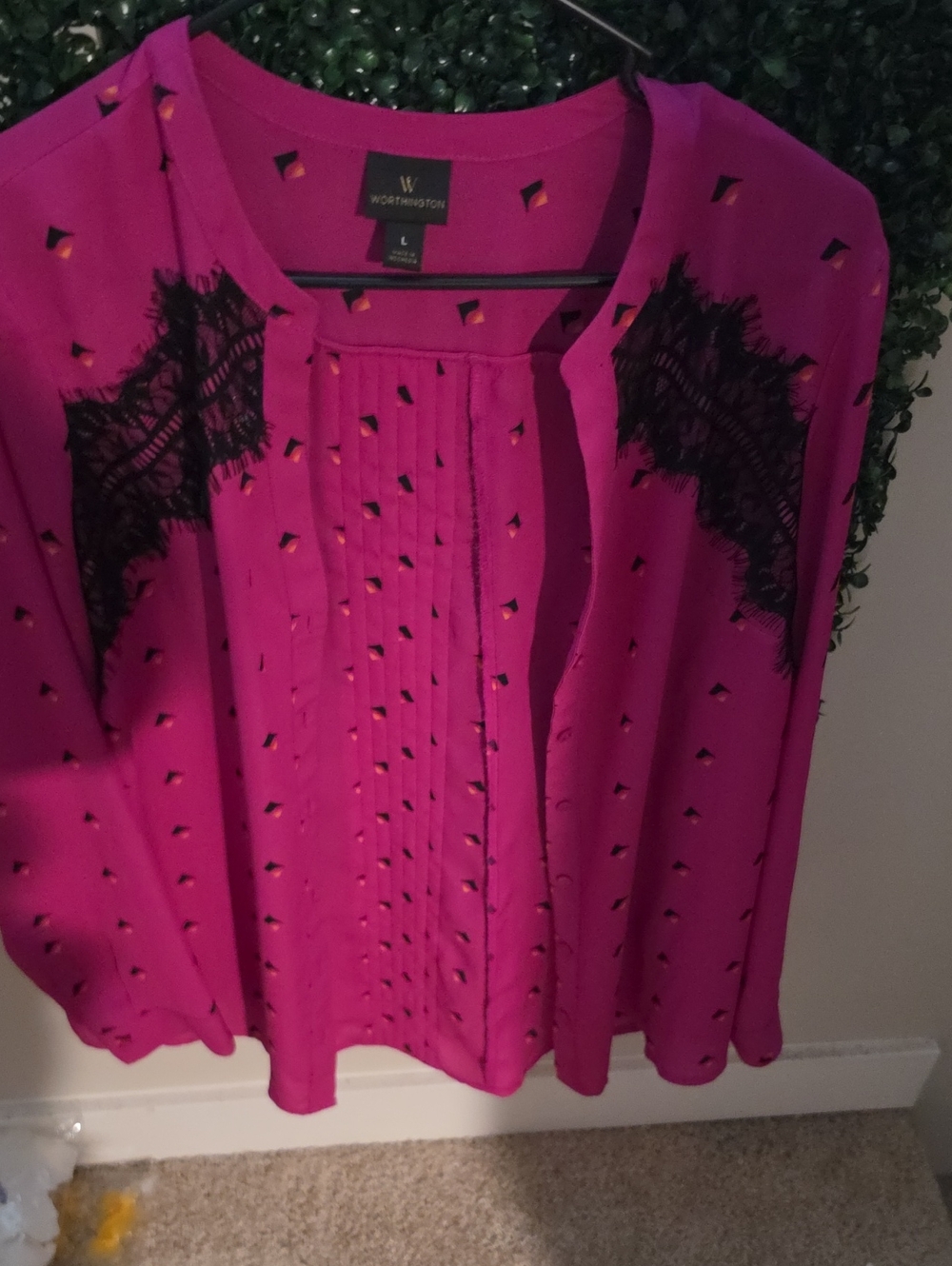 Worthington Hot Pink Blouse with Black Lace Insets